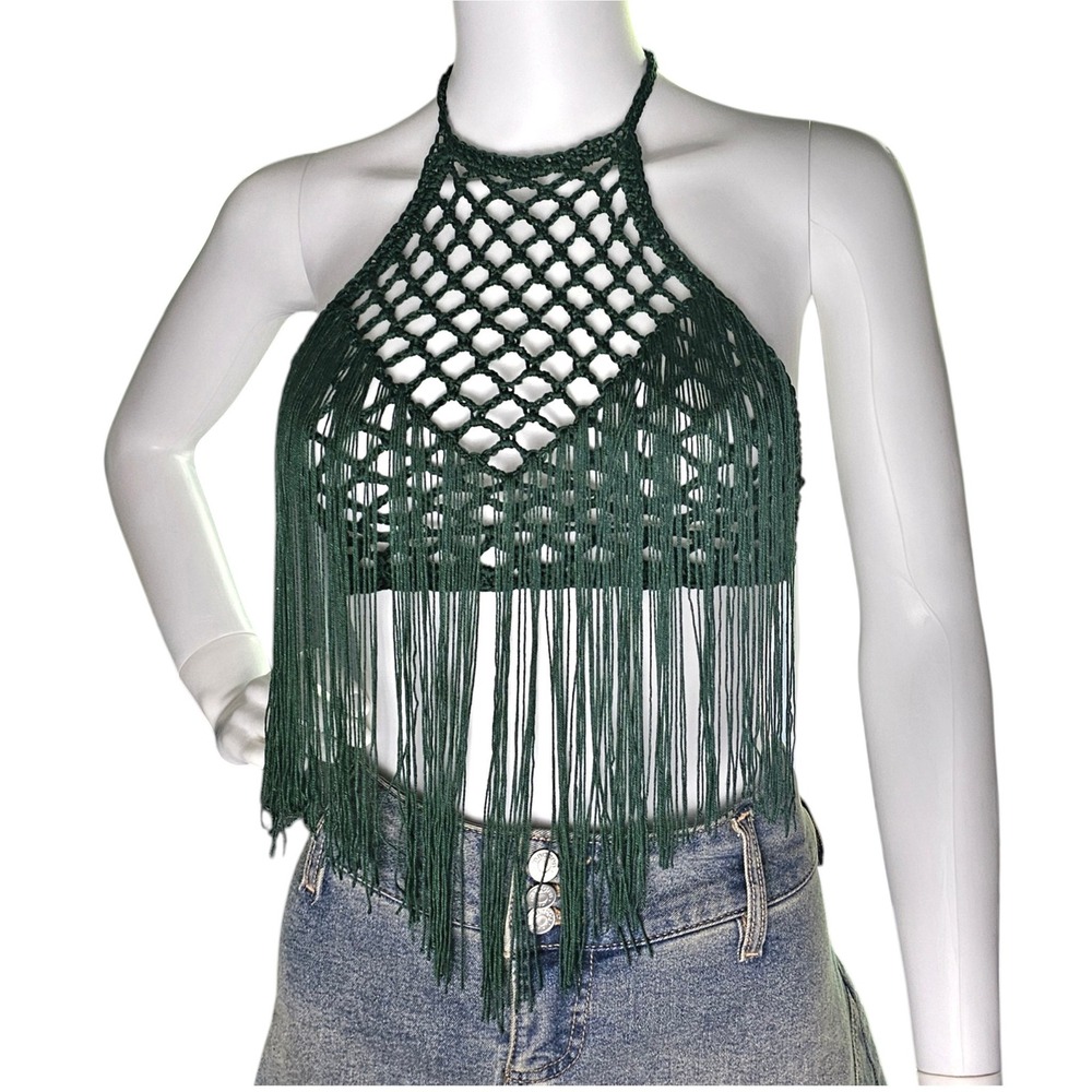 Handmade Crochet Fringe Halter Top, Boho Festival Top, Summer Fashion, Fairycore